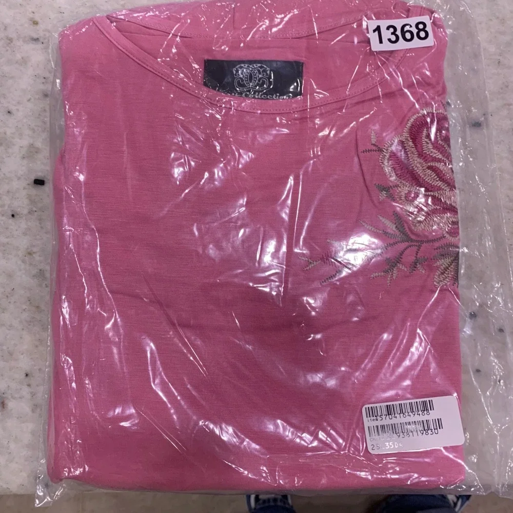 NWT Sharif Collection New York Pink Embroidered Floral Top‎ XL Rose Detail Tee